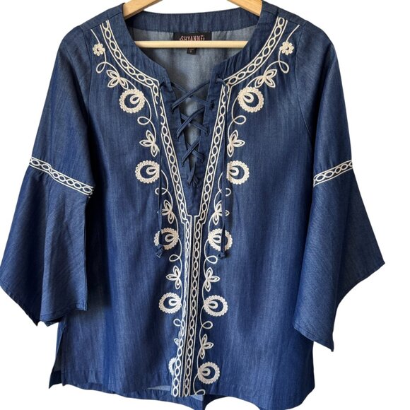Shyanne Sm Top Tunic Boho Western Festival 3/4 Sleeve Lace Up V Neck Embroidered - Picture 16 of 16